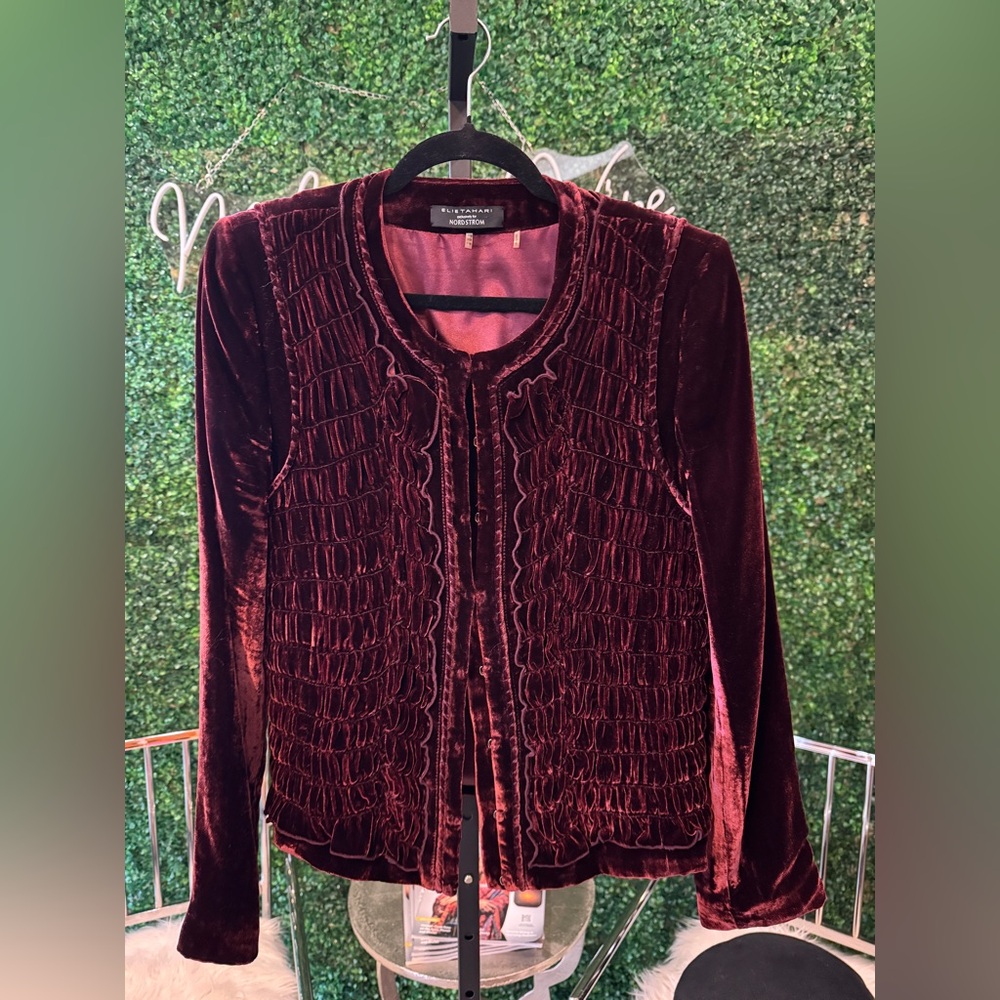 Elie Tahari Deep Red Wine Velvet Cardigan